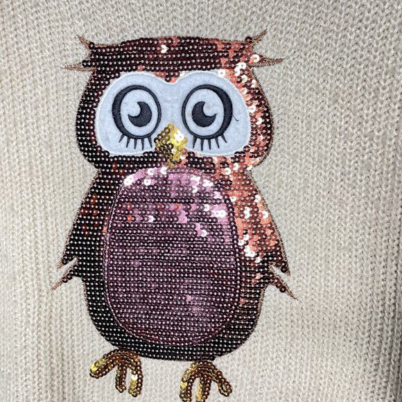 Hooked Up Sequined Owl Tan Chunky Knit Sweater Med - Picture 3 of 4